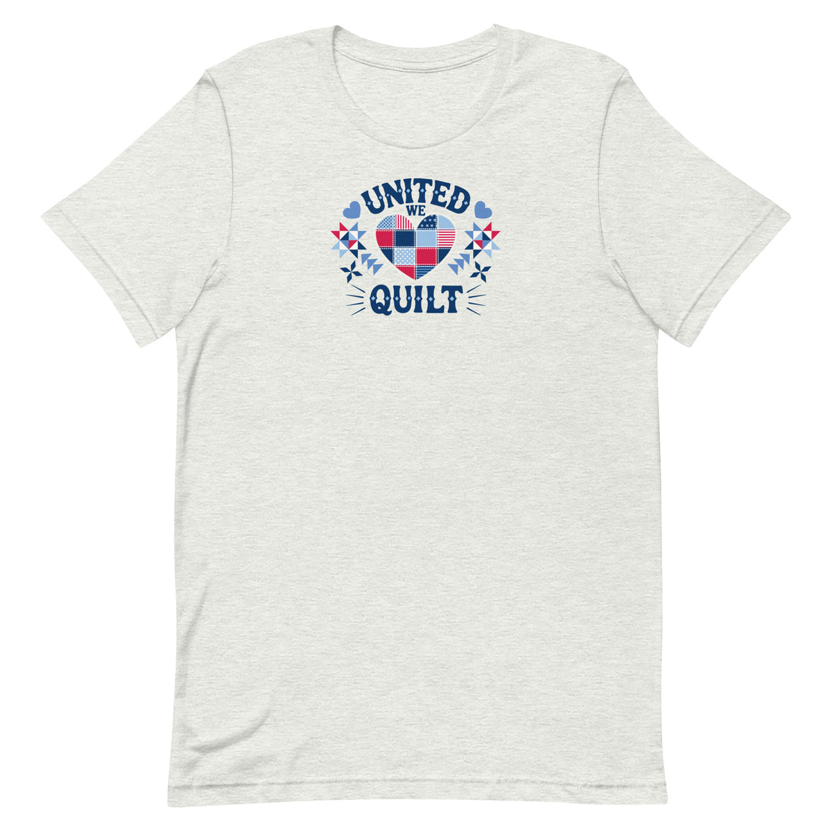 Quilters United quilt badge in red, white and blue on a t-shirt in ash, front view – Kate Spain design for Pat Sloan