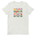 Birds + Blooms patchwork tulips and birds on a t-shirt in ash, front view – Kate Spain design for Pat Sloan