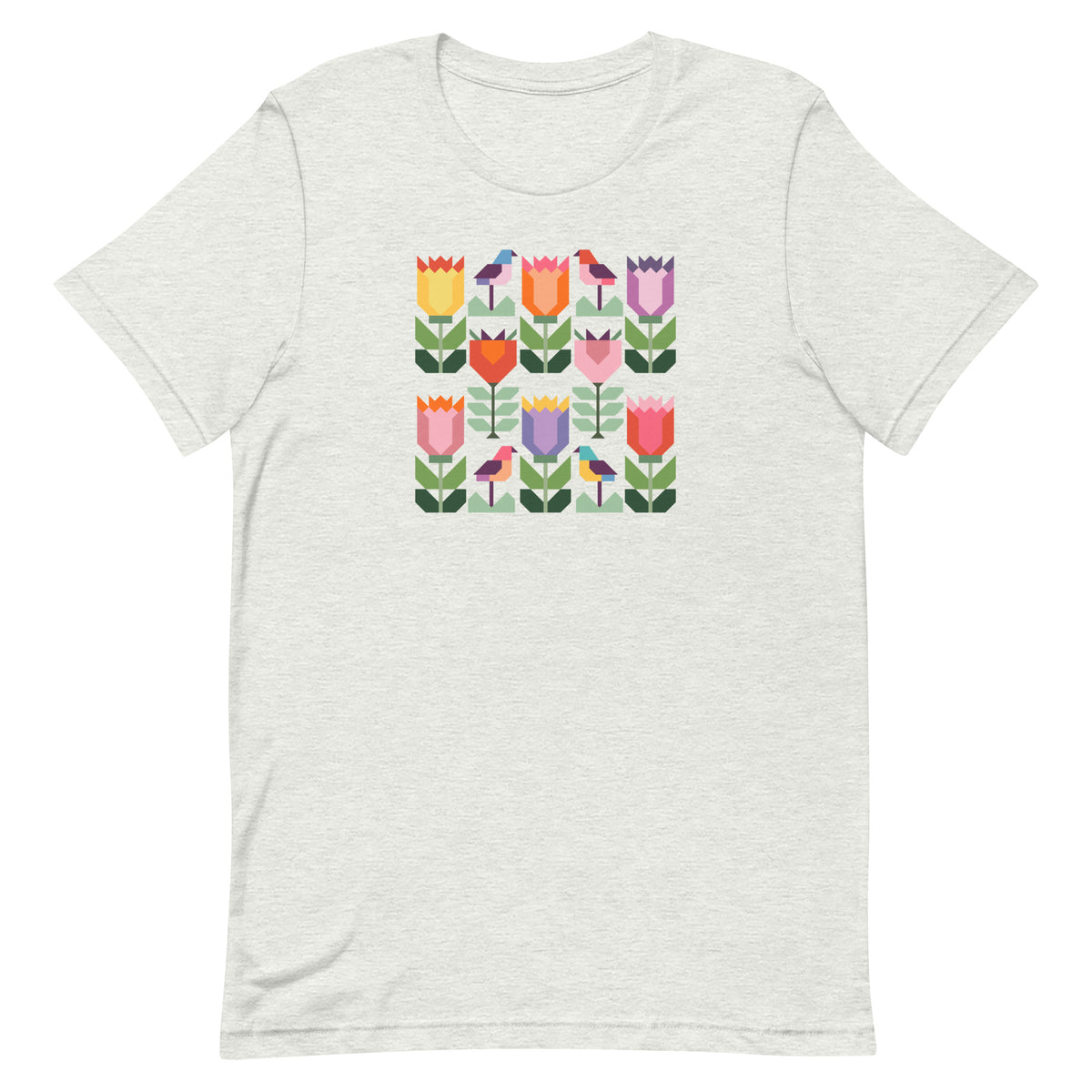 Birds + Blooms patchwork tulips and birds on a t-shirt in ash, front view – Kate Spain design for Pat Sloan