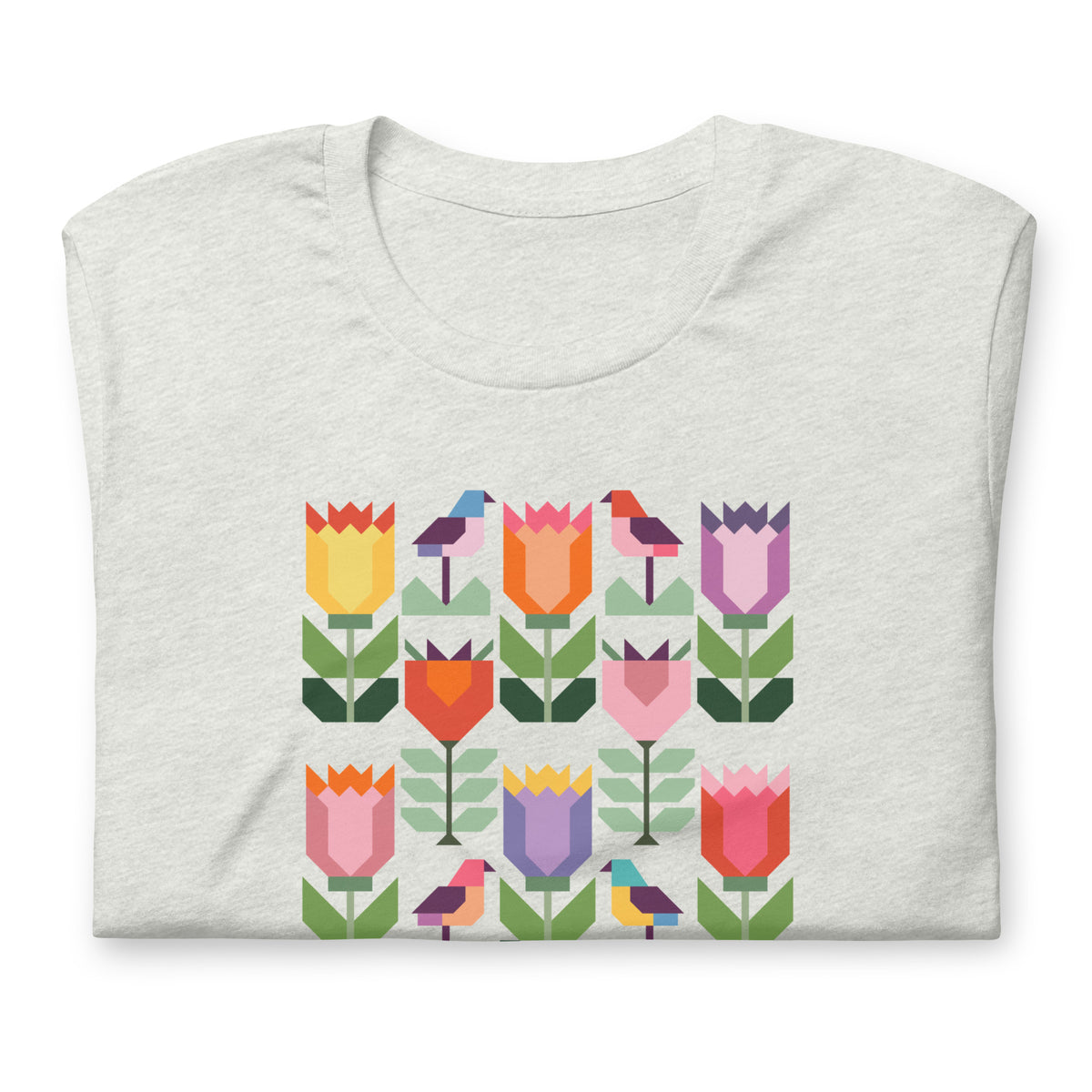 Birds + Blooms patchwork tulips and birds on a t-shirt in ash, folded close-up of the design – Kate Spain design for Pat Sloan