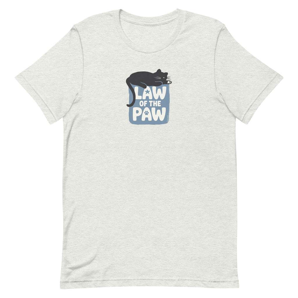 Law of the Paw® design with a cat napping on the logo on a t-shirt in ash, front view – Kate Spain design