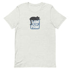 Law of the Paw® design with a cat napping on the logo on a t-shirt in ash, front view – Kate Spain design
