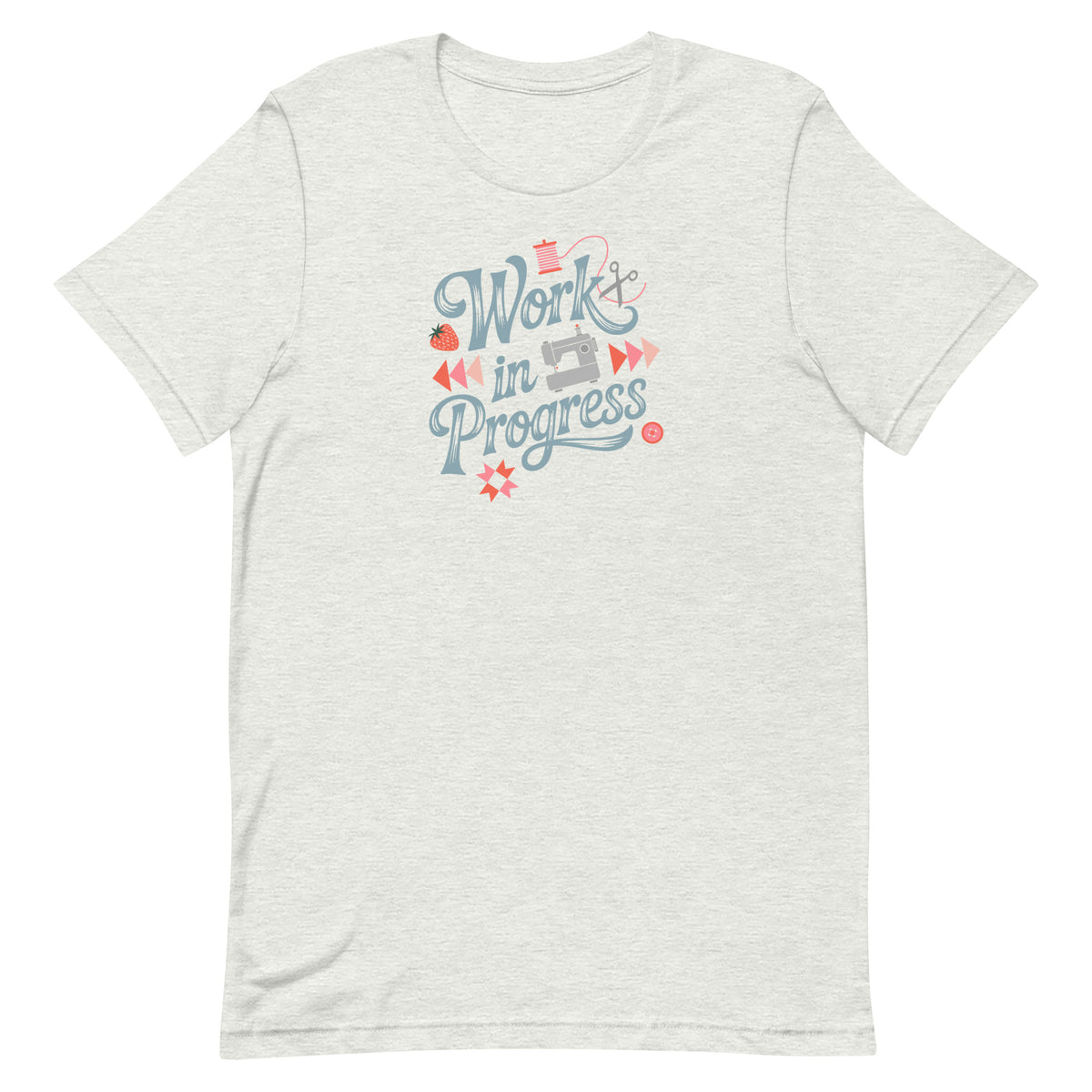 Work in Progress sewing design with flying geese, sewing machine, strawberry and thread spool on a t-shirt in ash, front view – Kate Spain design for Pat Sloan