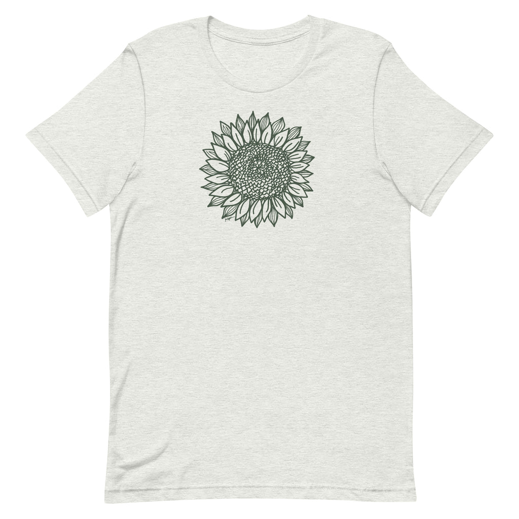 Green botanical line-art sunflower drawn from life on a crewneck t-shirt in ash, front view – Sunflower by Kate Spain