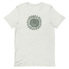 Green botanical line-art sunflower drawn from life on a crewneck t-shirt in ash, front view – Sunflower by Kate Spain