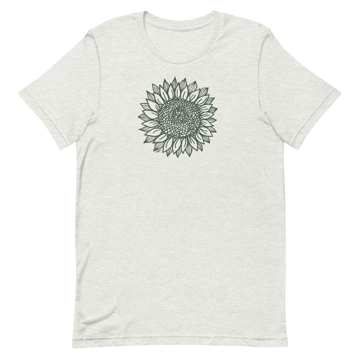 Green botanical line-art sunflower drawn from life on a crewneck t-shirt in ash, front view – Sunflower by Kate Spain