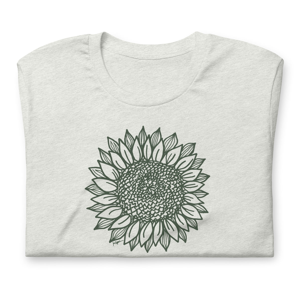 Green botanical line-art sunflower drawn from life on a crewneck t-shirt in ash, folded close-up of the design – Sunflower by Kate Spain