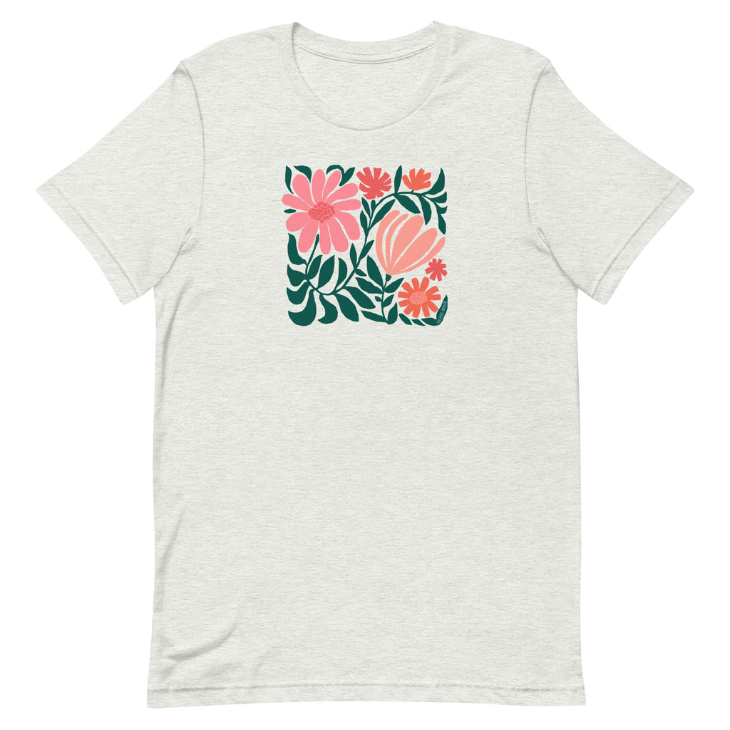 Botanica modern floral design with pink and coral blooms on a t-shirt in ash, front view – Kate Spain design