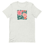 Botanica modern floral design with pink and coral blooms on a t-shirt in ash, front view – Kate Spain design