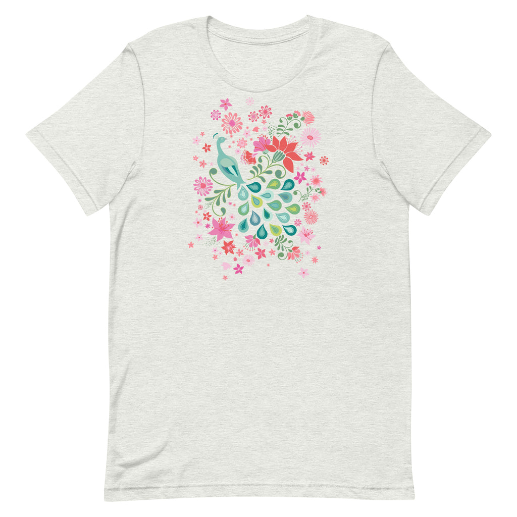 Peacock Flowers design, a peacock among coral, pink, mint and teal blooms on a t-shirt in ash, front view – Kate Spain design