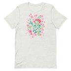 Peacock Flowers design, a peacock among coral, pink, mint and teal blooms on a t-shirt in ash, front view – Kate Spain design
