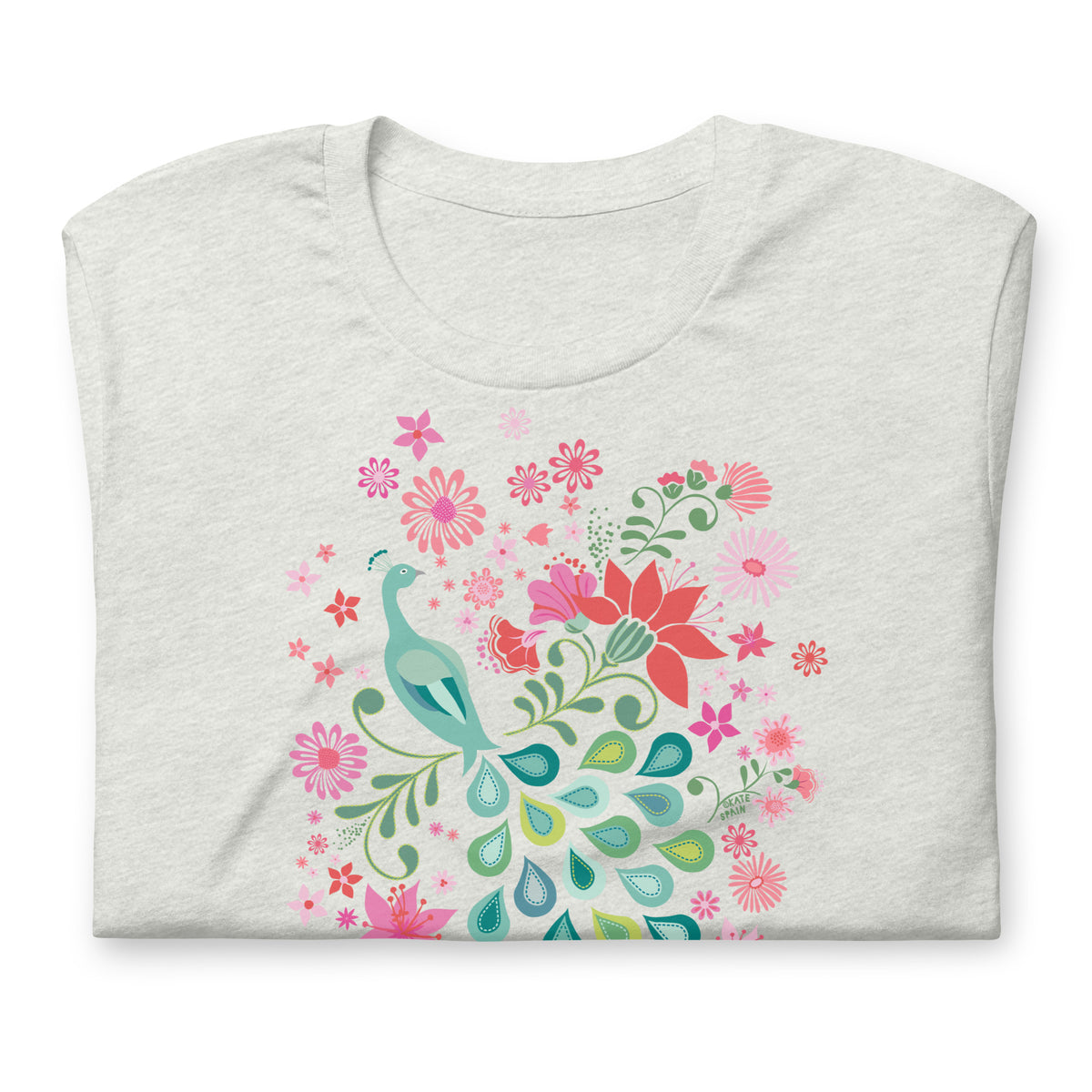 Peacock Flowers design, a peacock among coral, pink, mint and teal blooms on a t-shirt in ash, folded close-up of the design – Kate Spain design