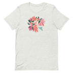 Hummingbird among coral tropical flowers on a t-shirt in ash, front view – Kate Spain design