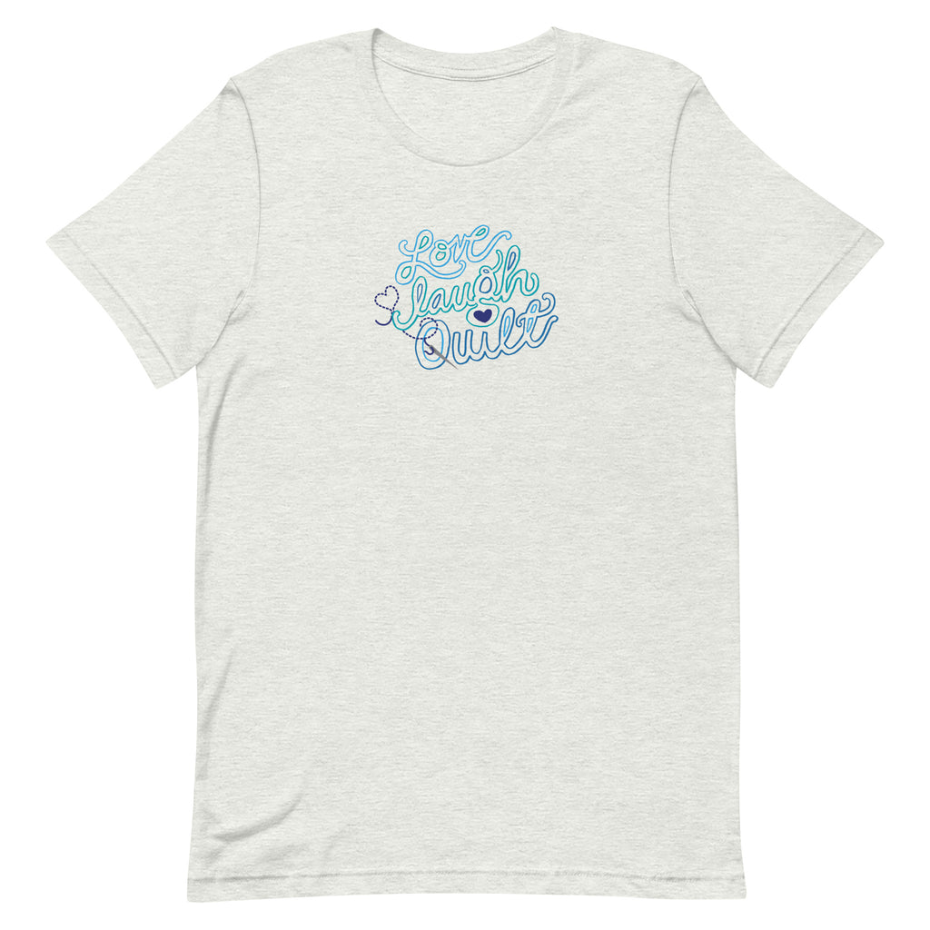 Love Laugh Quilt hand-lettered quilting design on a t-shirt in ash, front view – Kate Spain design