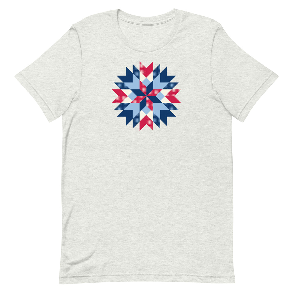 Barn Star quilt block in red, white and blue on a staple t-shirt in ash, front view – Kate Spain design for Pat Sloan
