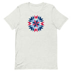 Barn Star quilt block in red, white and blue on a staple t-shirt in ash, front view – Kate Spain design for Pat Sloan