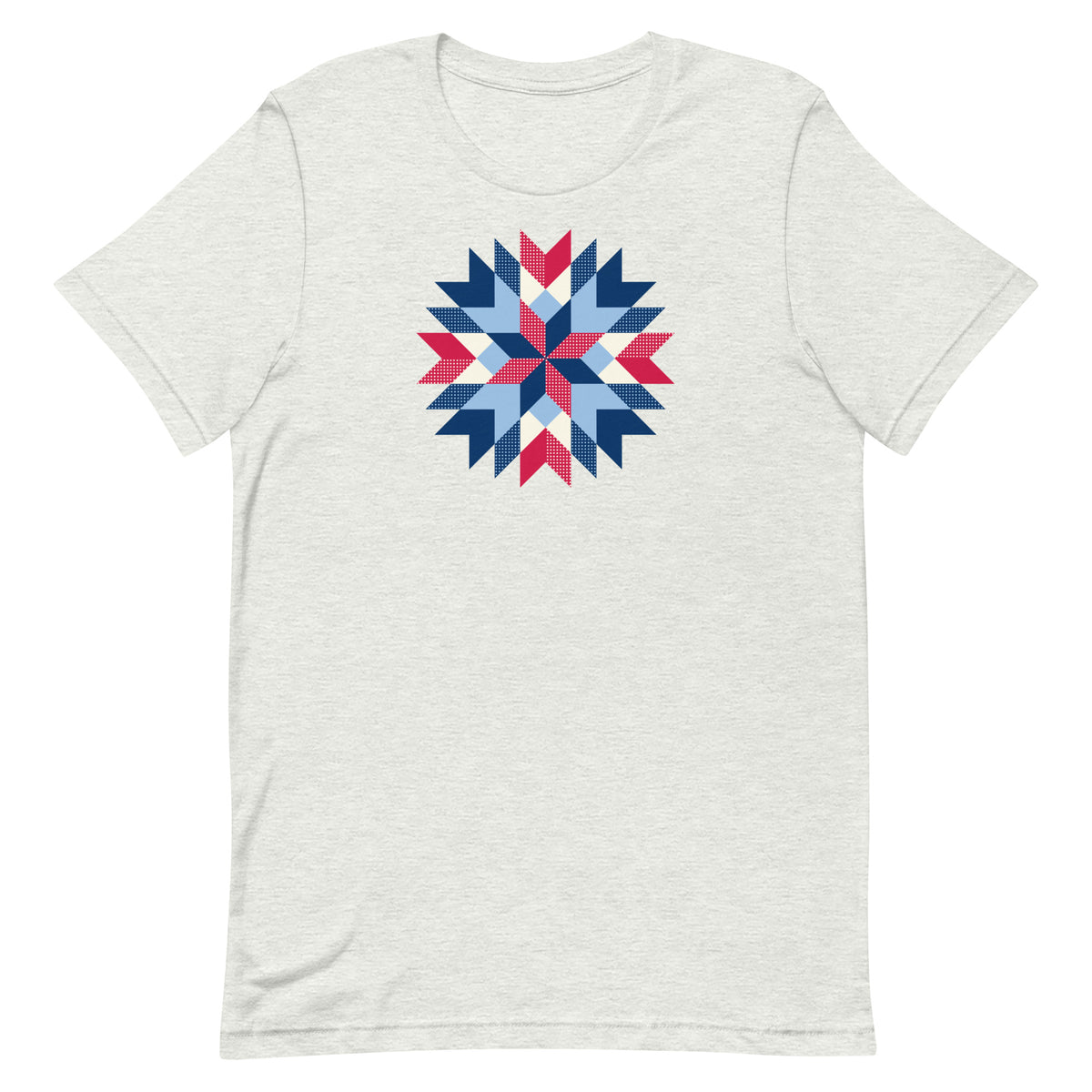 Barn Star quilt block in red, white and blue on a staple t-shirt in ash, front view – Kate Spain design for Pat Sloan