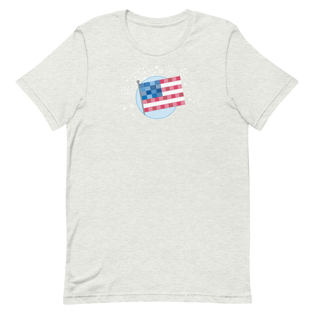 Patchwork Flag quilt-style flag with fireworks on a staple t-shirt in ash, front view – Kate Spain design for Pat Sloan