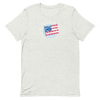 Patchwork Flag quilt-style flag with fireworks on a staple t-shirt in ash, front view – Kate Spain design for Pat Sloan