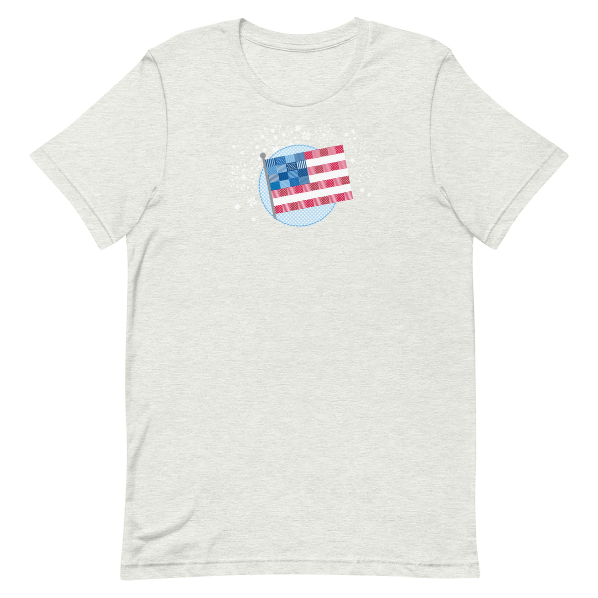 Patchwork Flag quilt-style flag with fireworks on a staple t-shirt in ash, front view – Kate Spain design for Pat Sloan