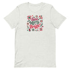 Sew Merry + Bright lettering with quilt stars and holly on a staple t-shirt in ash, front view – Kate Spain design for Pat Sloan