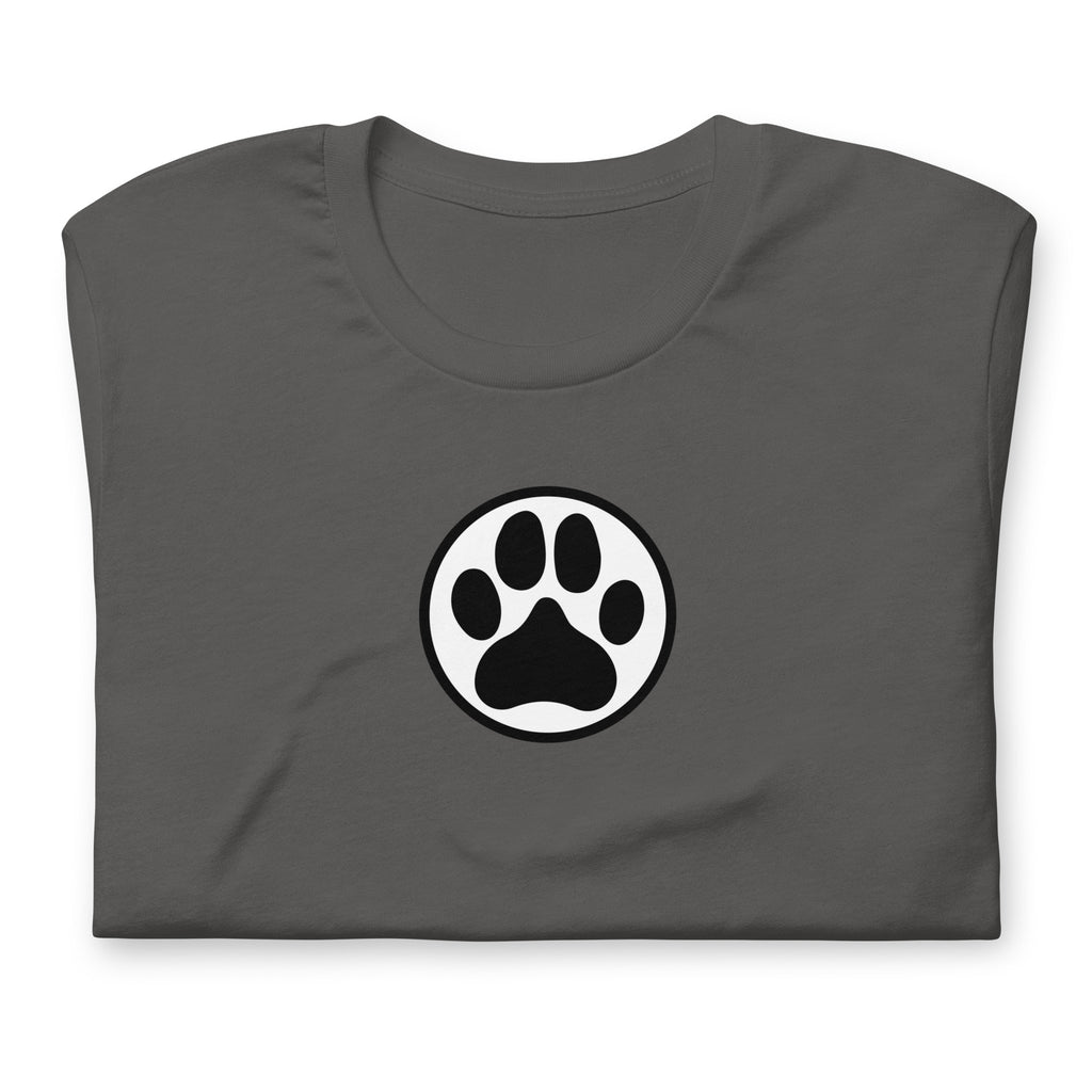 Law of the Paw® dog paw print on a t-shirt in asphalt, folded close-up of the design – Kate Spain design