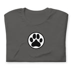 Law of the Paw® dog paw print on a t-shirt in asphalt, folded close-up of the design – Kate Spain design