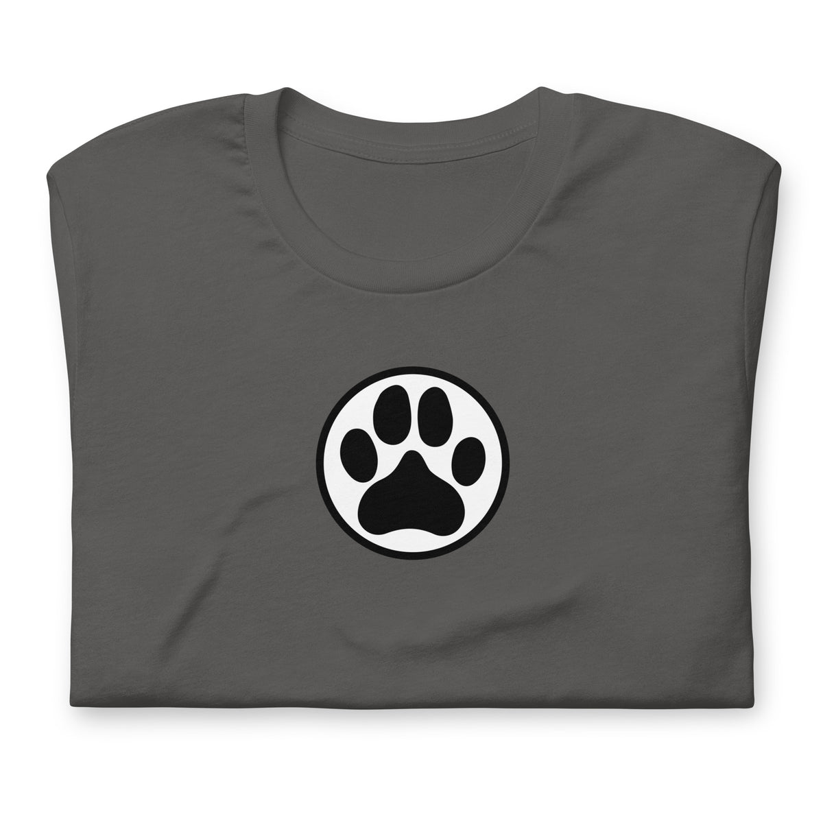 Law of the Paw® dog paw print on a t-shirt in asphalt, folded close-up of the design – Kate Spain design