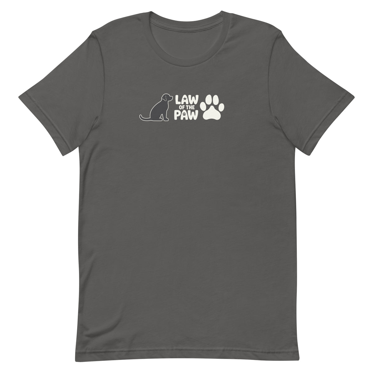 Law of the Paw® logo with seated dog and paw print on a t-shirt in asphalt, front view – Kate Spain design