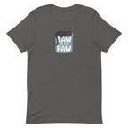 Law of the Paw® design with a cat napping on the logo on a t-shirt in asphalt, front view – Kate Spain design