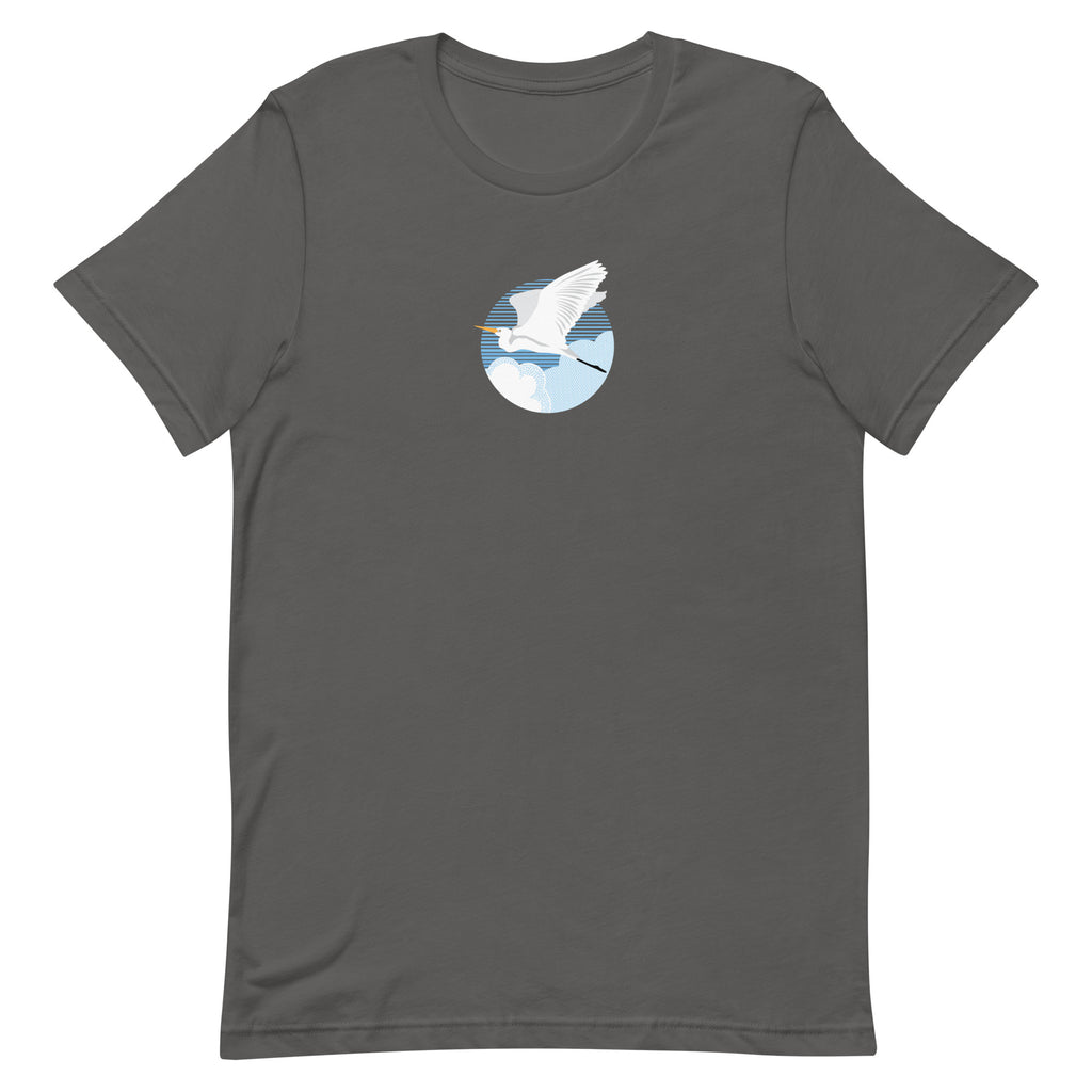 Great egret in flight against a blue circle on a t-shirt in asphalt, front view – Kate Spain design