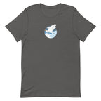 Great egret in flight against a blue circle on a t-shirt in asphalt, front view – Kate Spain design