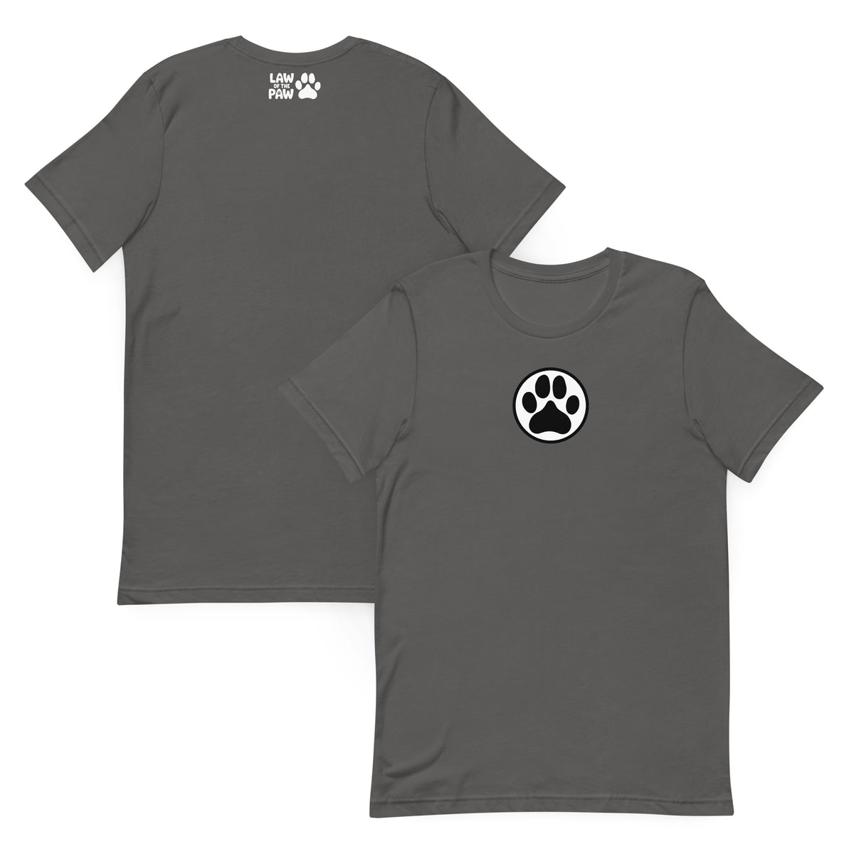 Law of the Paw® dog paw print on a t-shirt in asphalt, front and back view – Kate Spain design