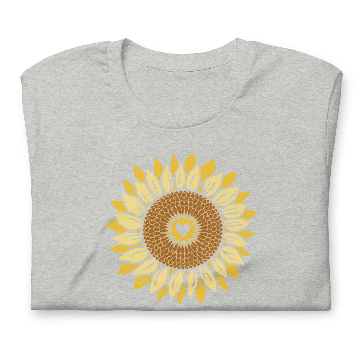 Golden sunflower with a heart center on a crewneck t-shirt in athletic heather grey, folded close-up of the design – Sunflowers in My Heart by Kate Spain