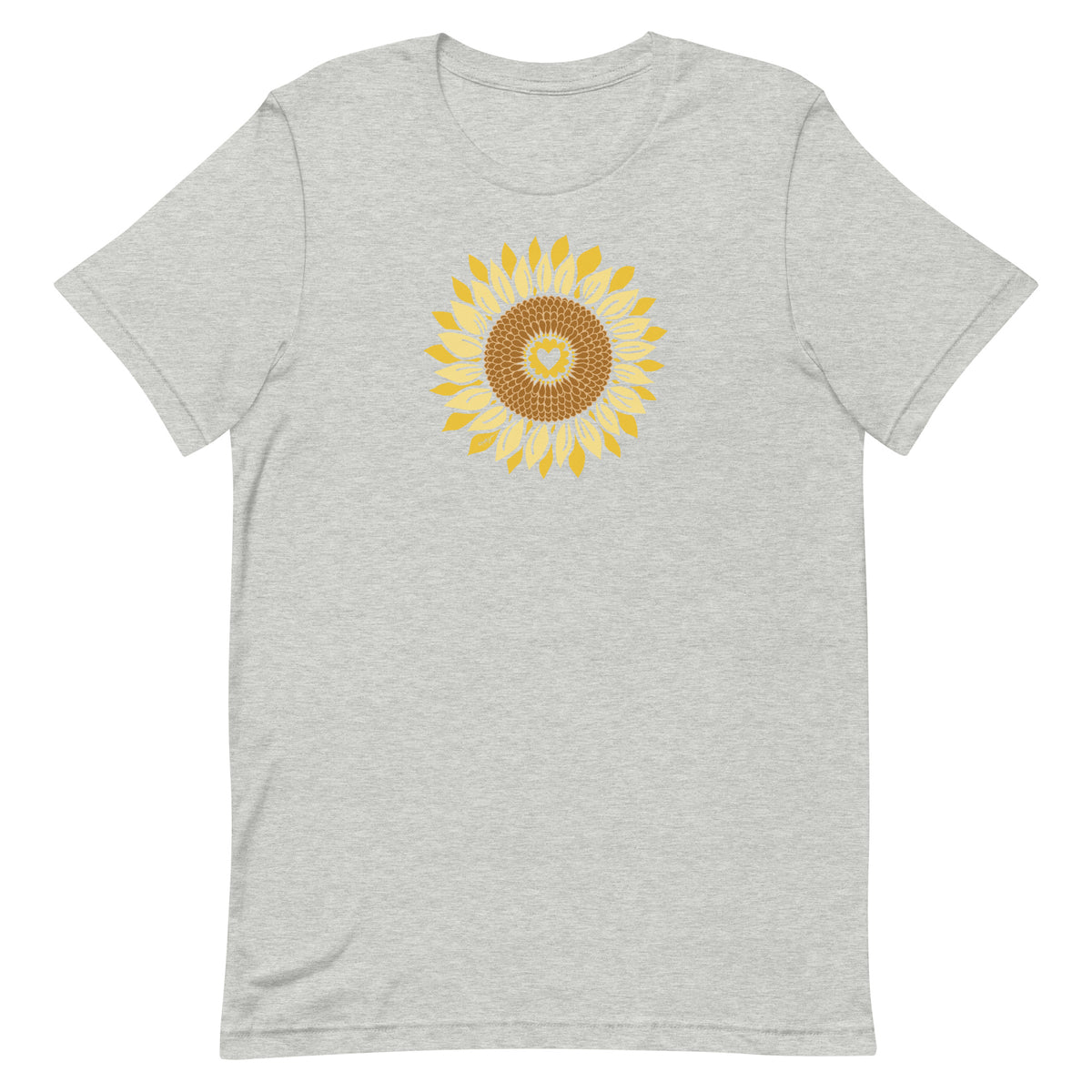 Golden sunflower with a heart center on a crewneck t-shirt in athletic heather grey, front view – Sunflowers in My Heart by Kate Spain