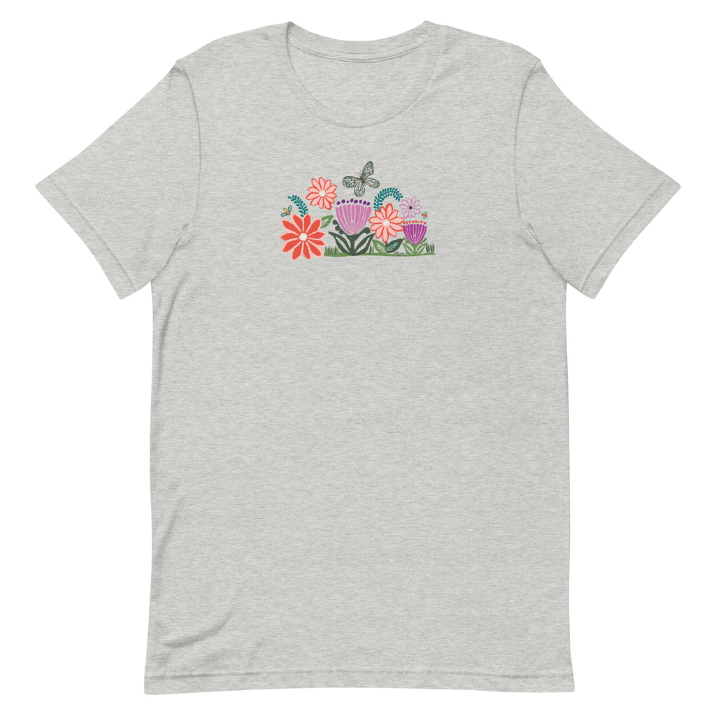 Bloom woodblock-style flowers with a butterfly, ladybug and bee on a t-shirt in athletic heather grey, front view – Kate Spain design