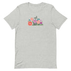 Bloom woodblock-style flowers with a butterfly, ladybug and bee on a t-shirt in athletic heather grey, front view – Kate Spain design