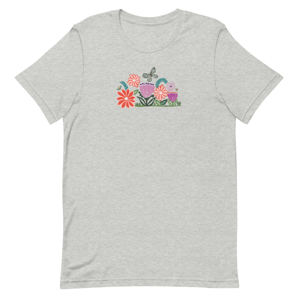 Bloom woodblock-style flowers with a butterfly, ladybug and bee on a t-shirt in athletic heather grey, front view – Kate Spain design