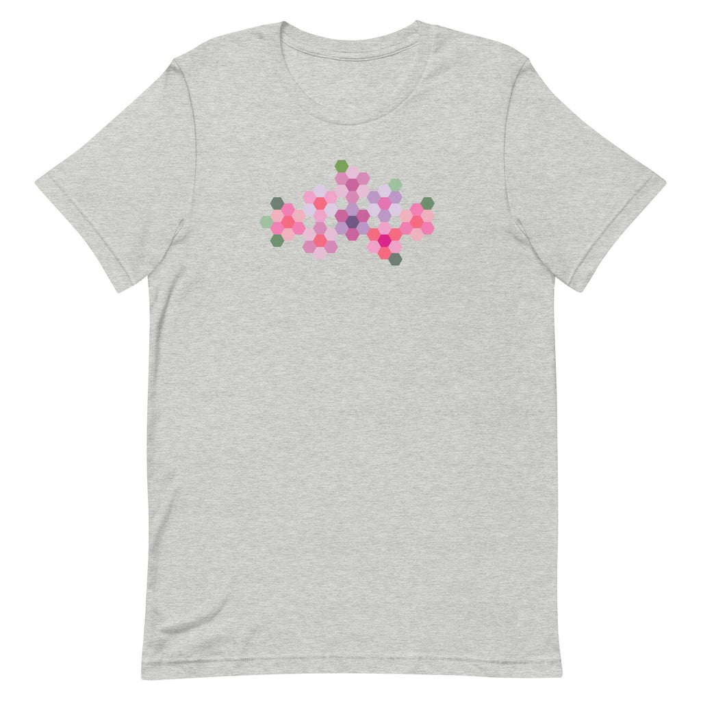 Pink GeoFlora hexagon flowers in pinks, mauves and sage on a t-shirt in athletic heather grey, front view – Kate Spain design for Pat Sloan