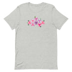 Pink GeoFlora hexagon flowers in pinks, mauves and sage on a t-shirt in athletic heather grey, front view – Kate Spain design for Pat Sloan