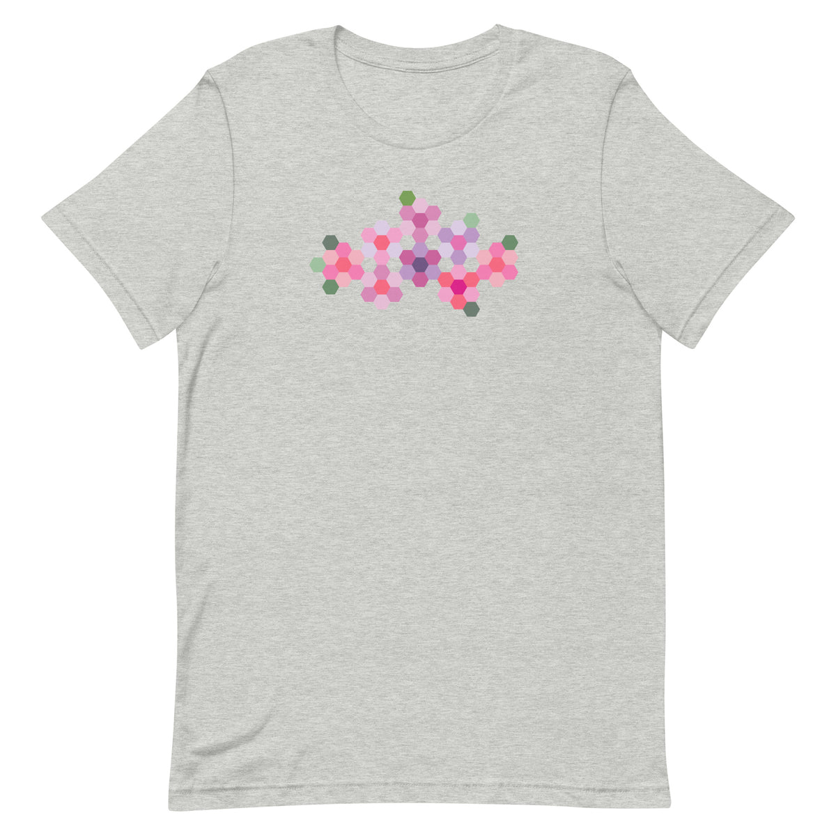 Pink GeoFlora hexagon flowers in pinks, mauves and sage on a t-shirt in athletic heather grey, front view – Kate Spain design for Pat Sloan