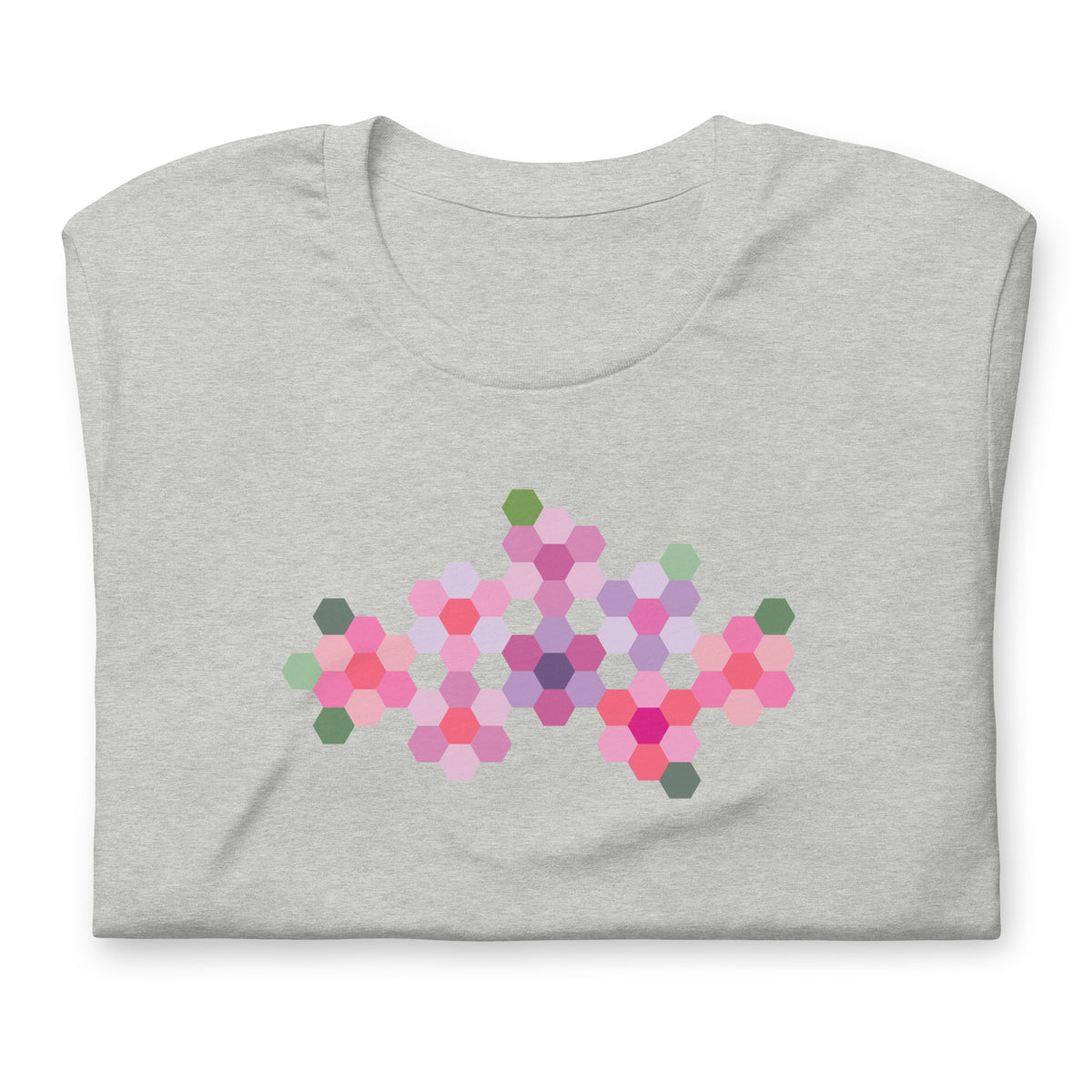 Pink GeoFlora hexagon flowers in pinks, mauves and sage on a t-shirt in athletic heather grey, folded close-up of the design – Kate Spain design for Pat Sloan