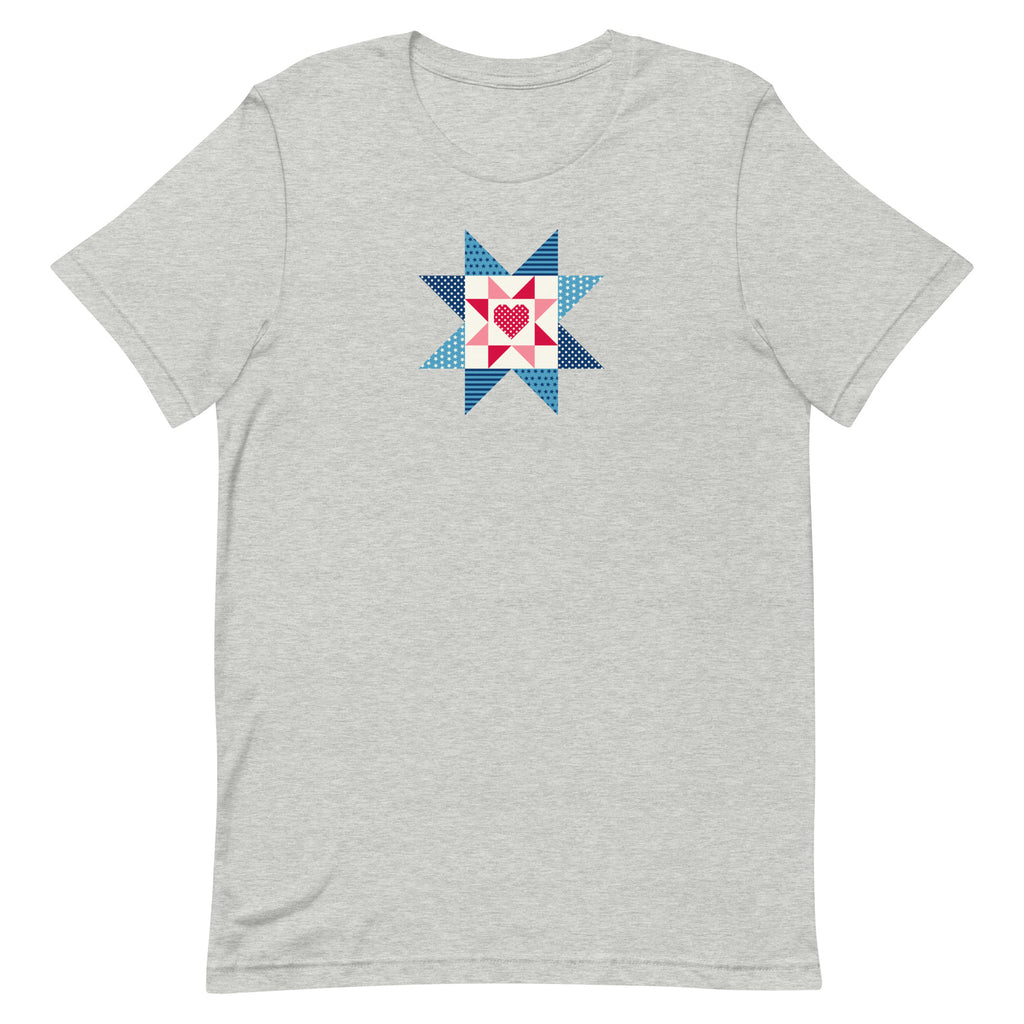 Liberty Love star quilt block with a heart in red, white and blue on a t-shirt in athletic heather grey, front view – Kate Spain design for Pat Sloan