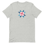 Liberty Love star quilt block with a heart in red, white and blue on a t-shirt in athletic heather grey, front view – Kate Spain design for Pat Sloan