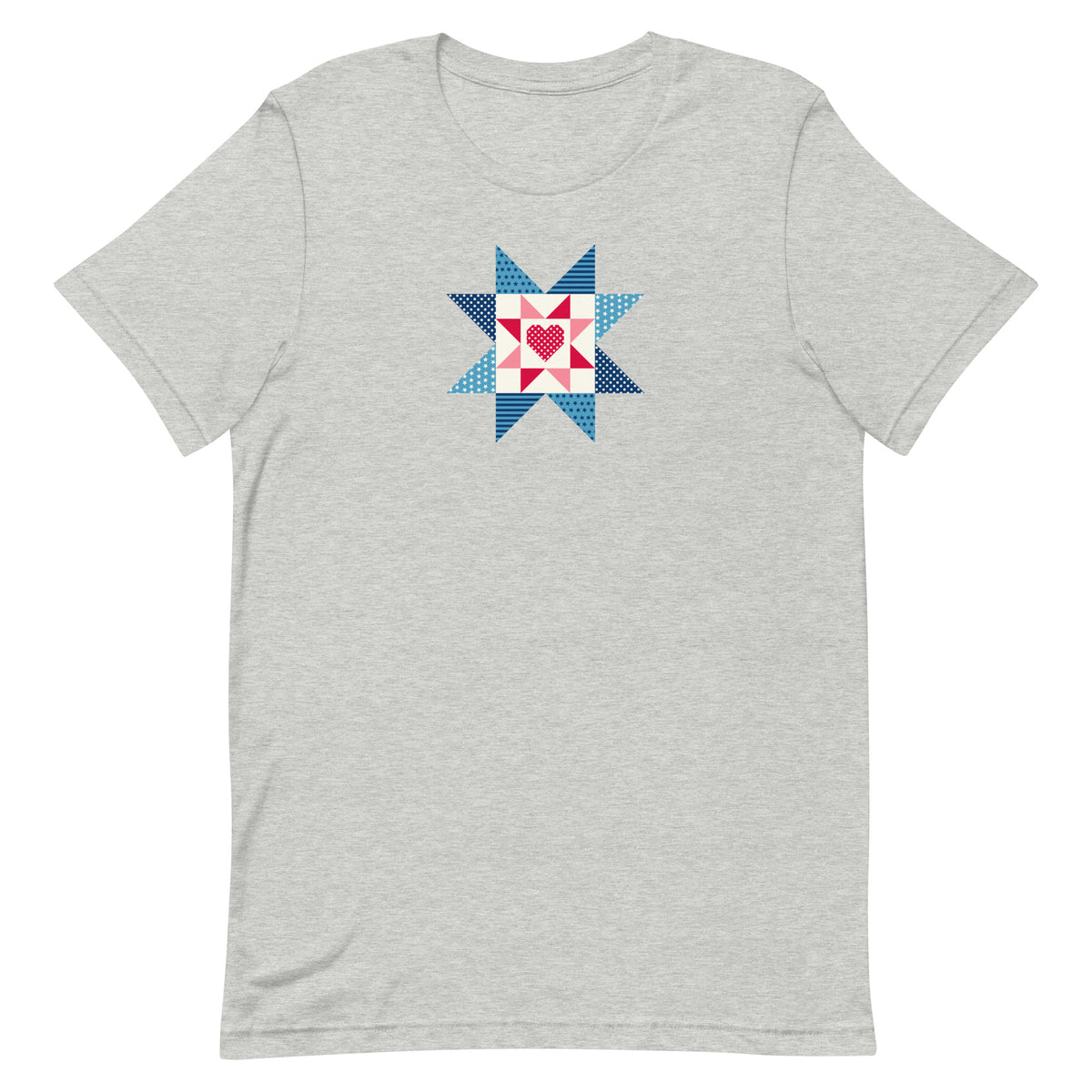 Liberty Love star quilt block with a heart in red, white and blue on a t-shirt in athletic heather grey, front view – Kate Spain design for Pat Sloan
