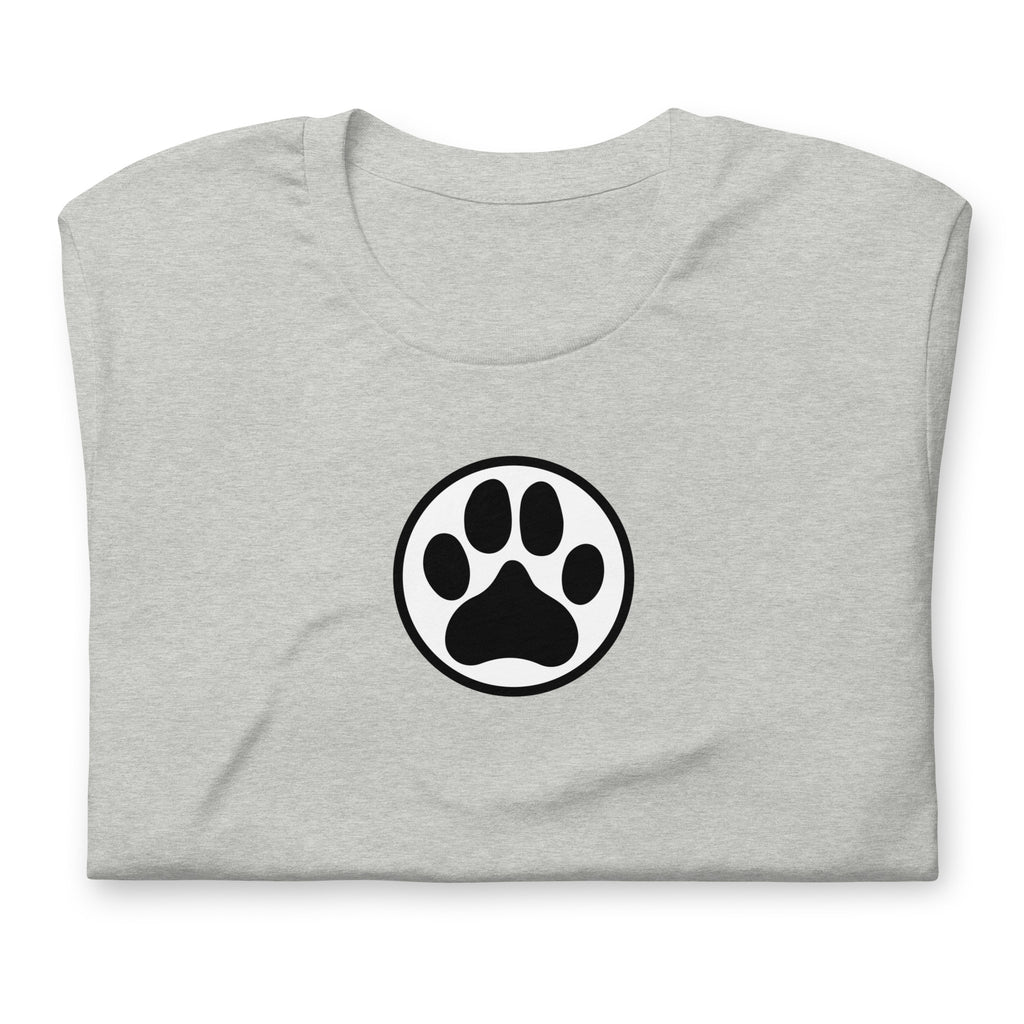 Law of the Paw® dog paw print on a t-shirt in athletic heather grey, folded close-up of the design – Kate Spain design