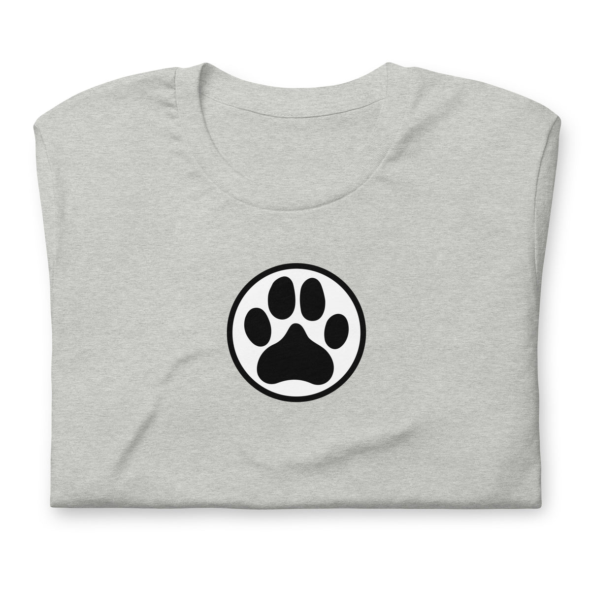 Law of the Paw® dog paw print on a t-shirt in athletic heather grey, folded close-up of the design – Kate Spain design