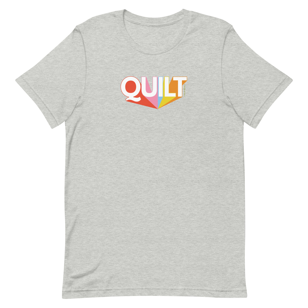 Moda QUILT logo with orange, pink, blue and yellow rays on a staple t-shirt in athletic heather grey, front view – Kate Spain design