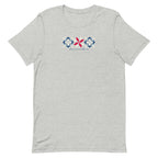 Firecracker quilt-block stars with script lettering in red, white and blue on a t-shirt in athletic heather grey, front view – Kate Spain design for Pat Sloan