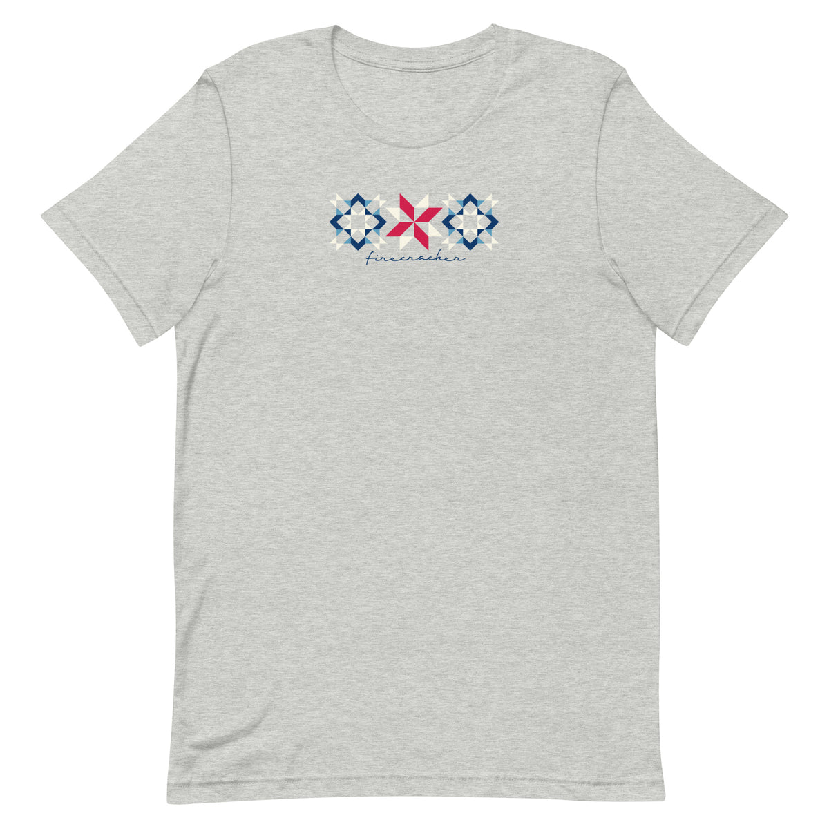 Firecracker quilt-block stars with script lettering in red, white and blue on a t-shirt in athletic heather grey, front view – Kate Spain design for Pat Sloan